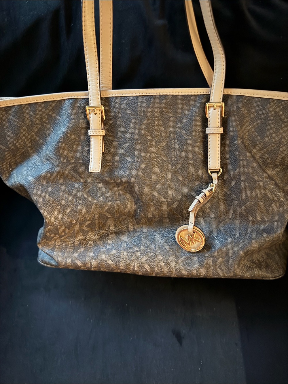 Michael Kors Brown Logo Tote with Cream Trim and Gold Charm
